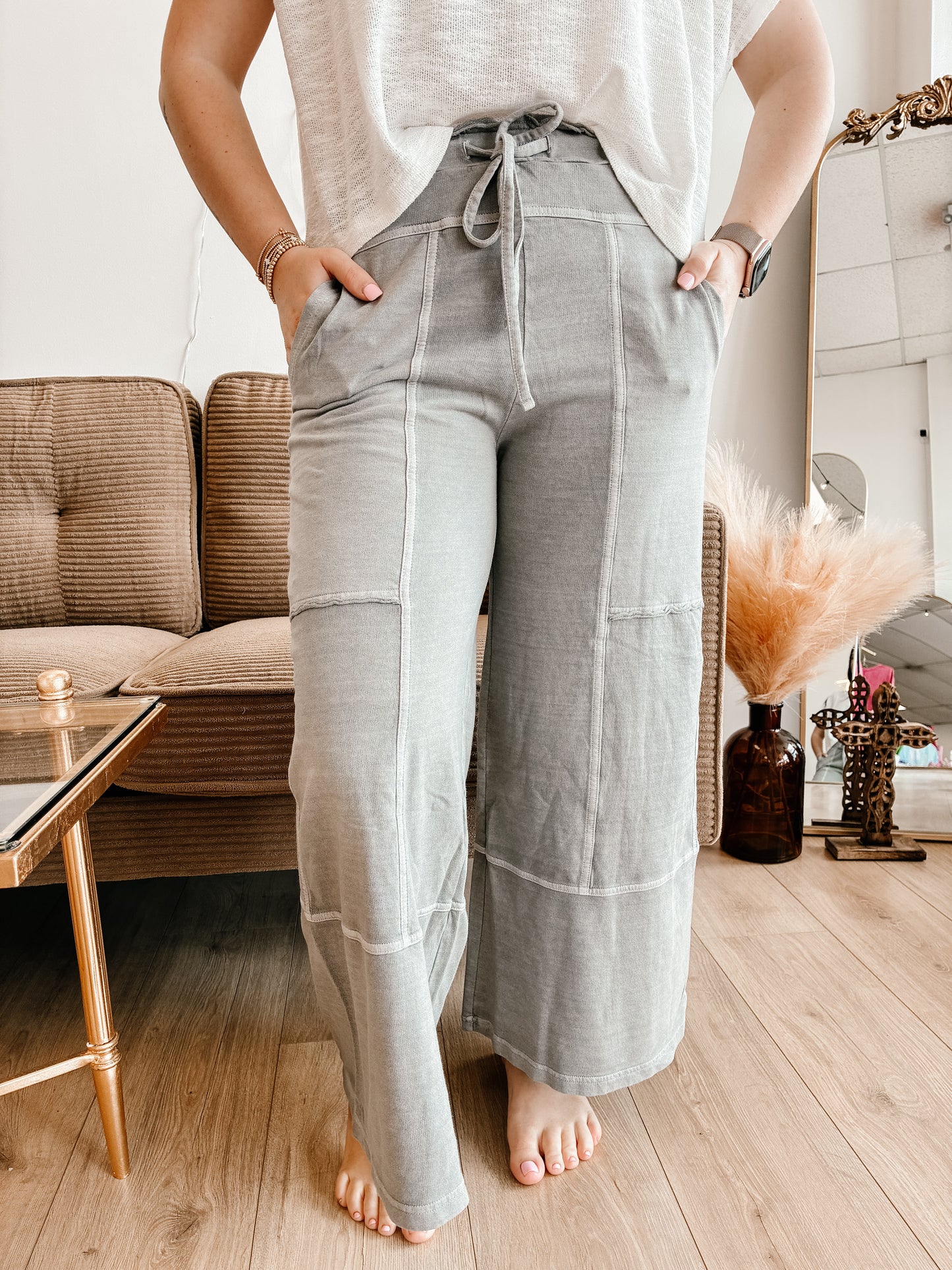 French Terry Washed Exposed-seam Wide Leg Pants