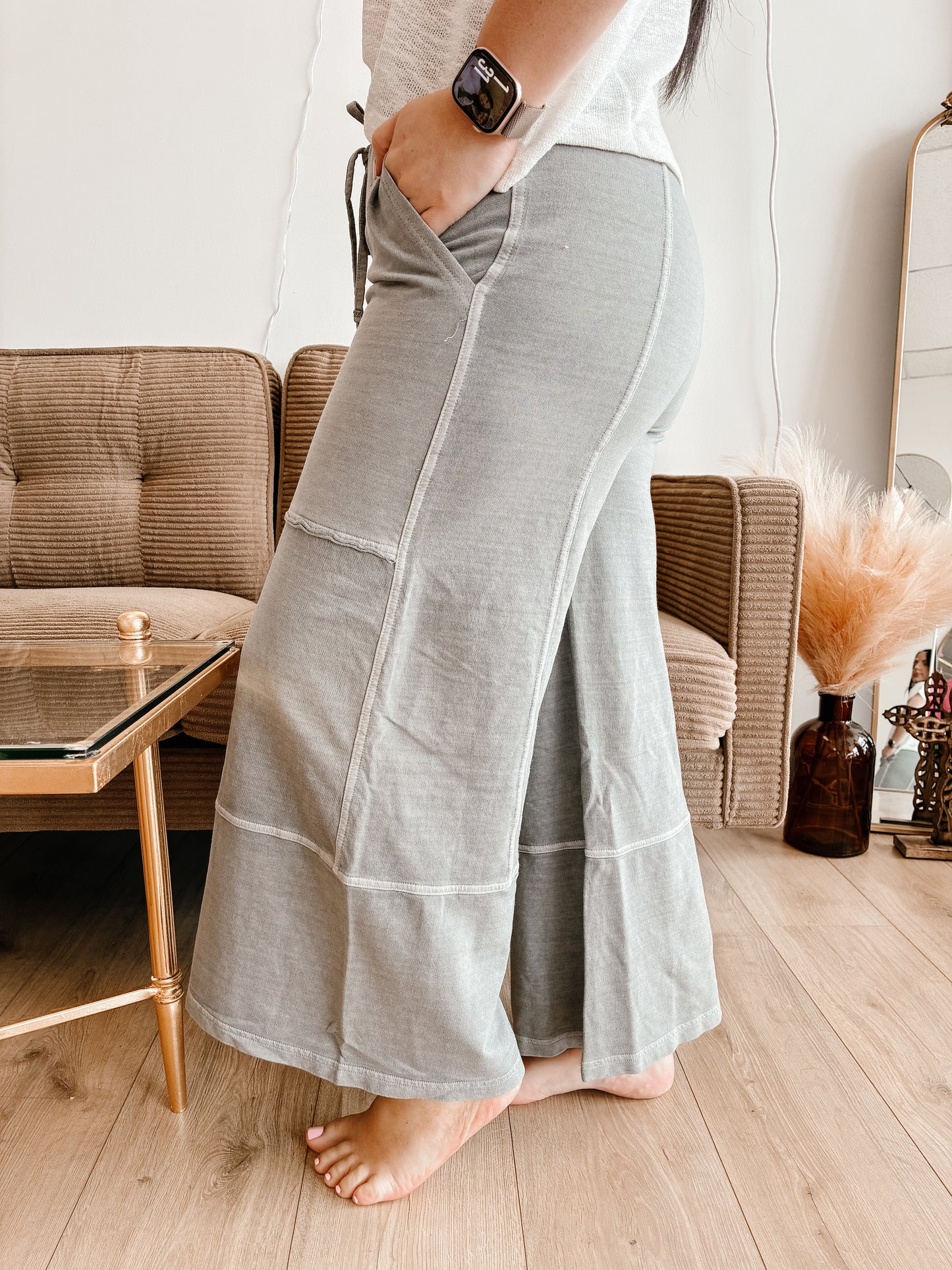 French Terry Washed Exposed-seam Wide Leg Pants