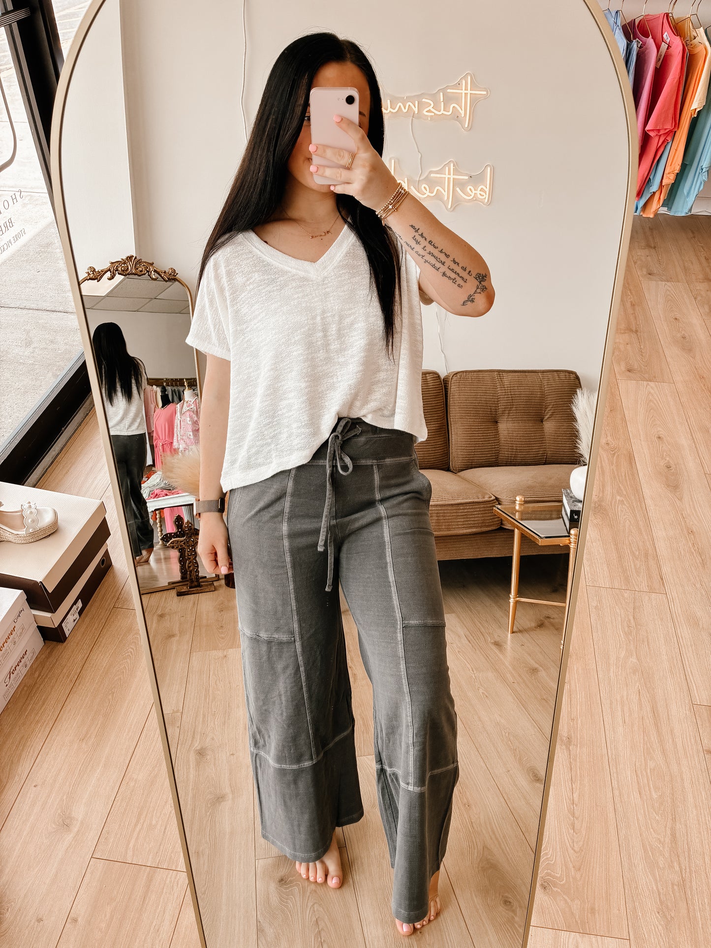 French Terry Washed Exposed-seam Wide Leg Pants