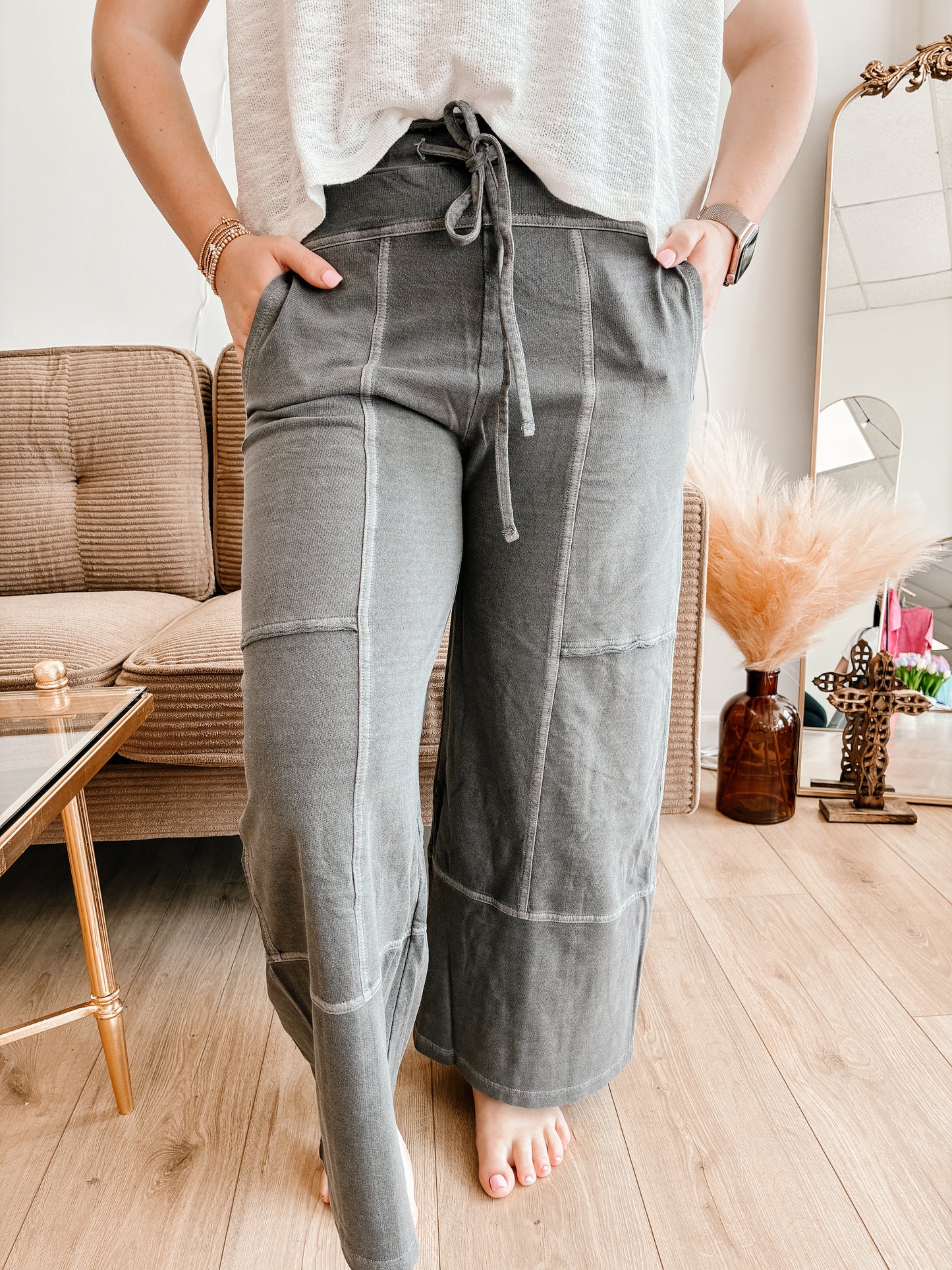 French Terry Washed Exposed-seam Wide Leg Pants