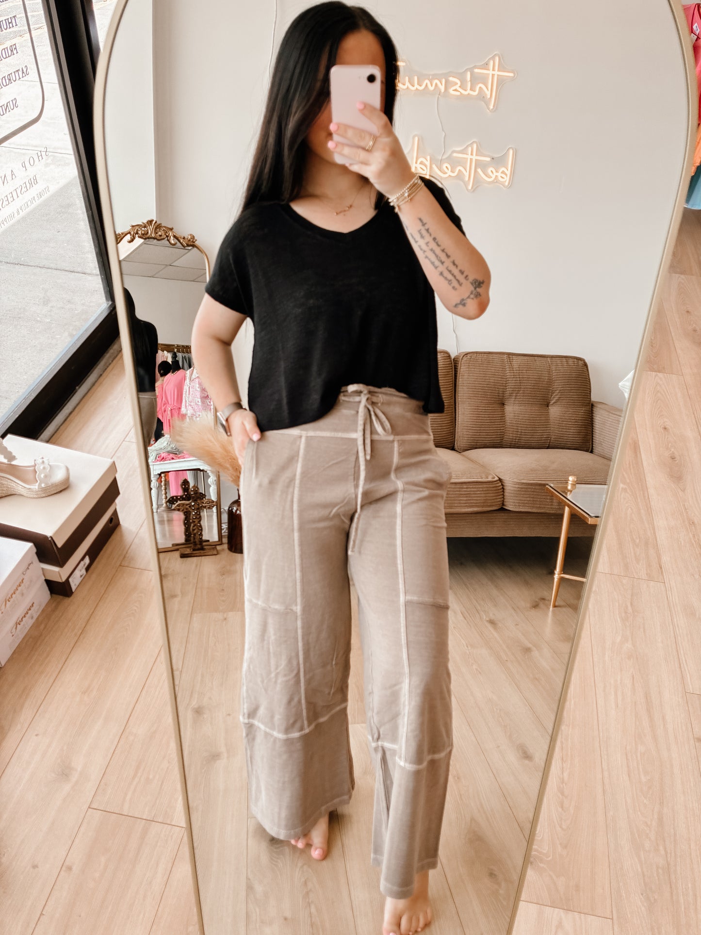 French Terry Washed Exposed-seam Wide Leg Pants