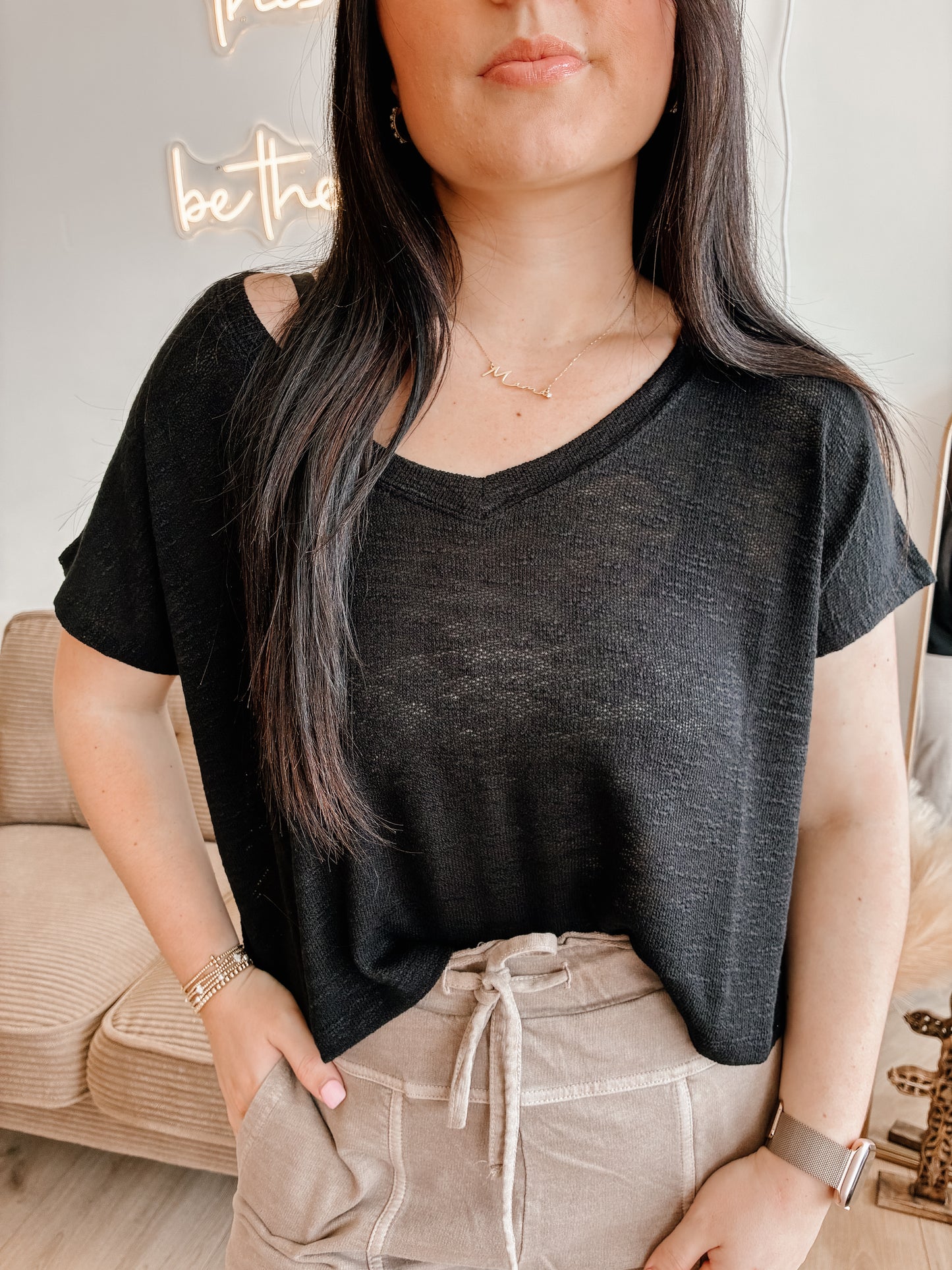 Hacci Slub V-neck Drop Shoulder Crop Top