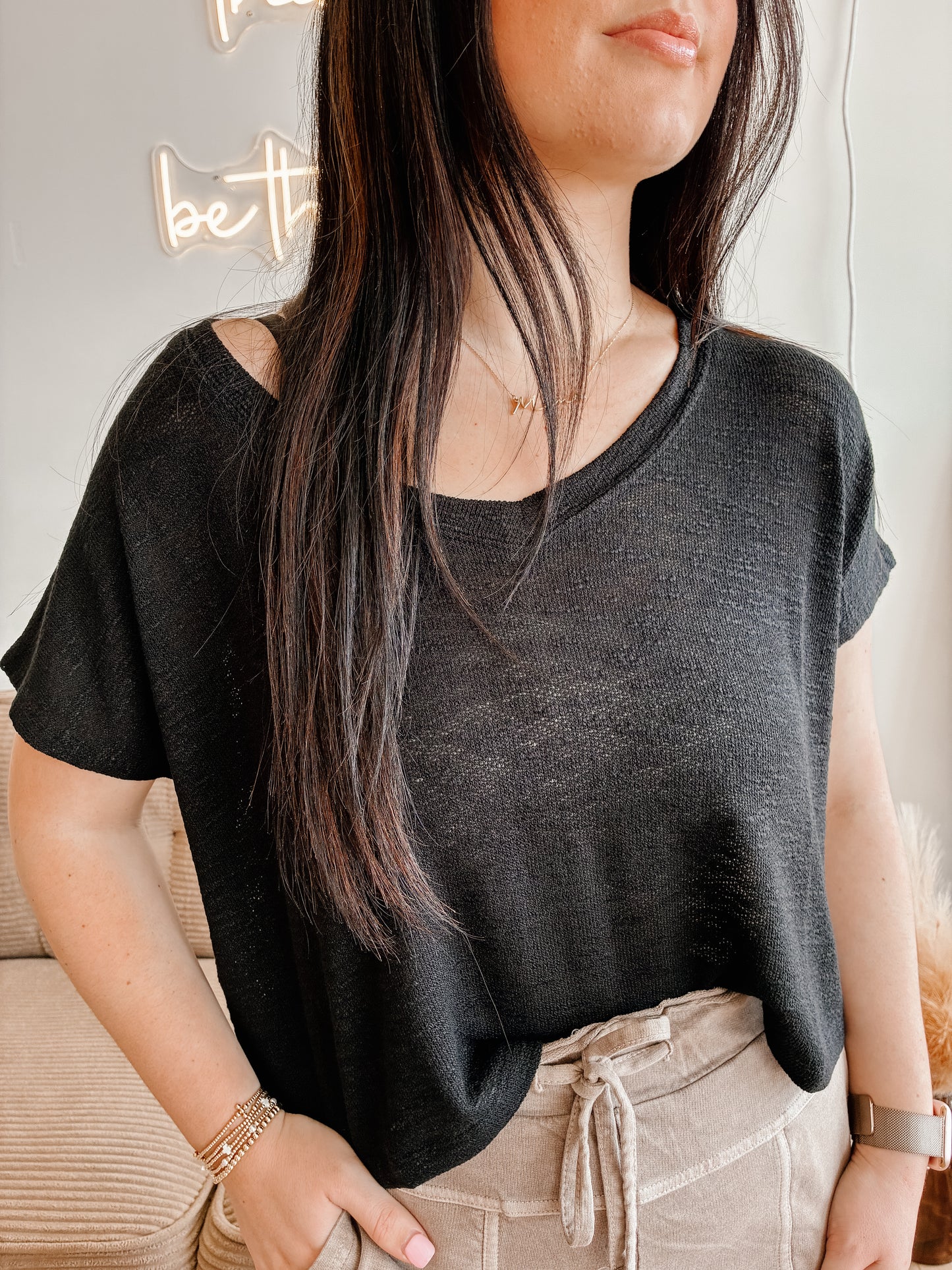 Hacci Slub V-neck Drop Shoulder Crop Top