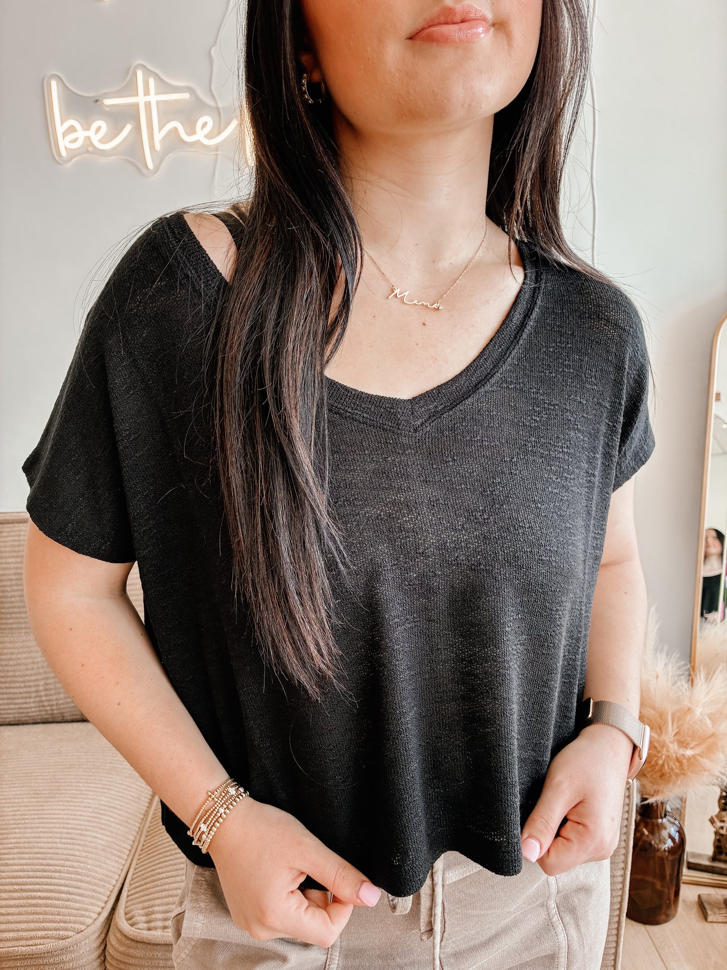 Hacci Slub V-neck Drop Shoulder Crop Top