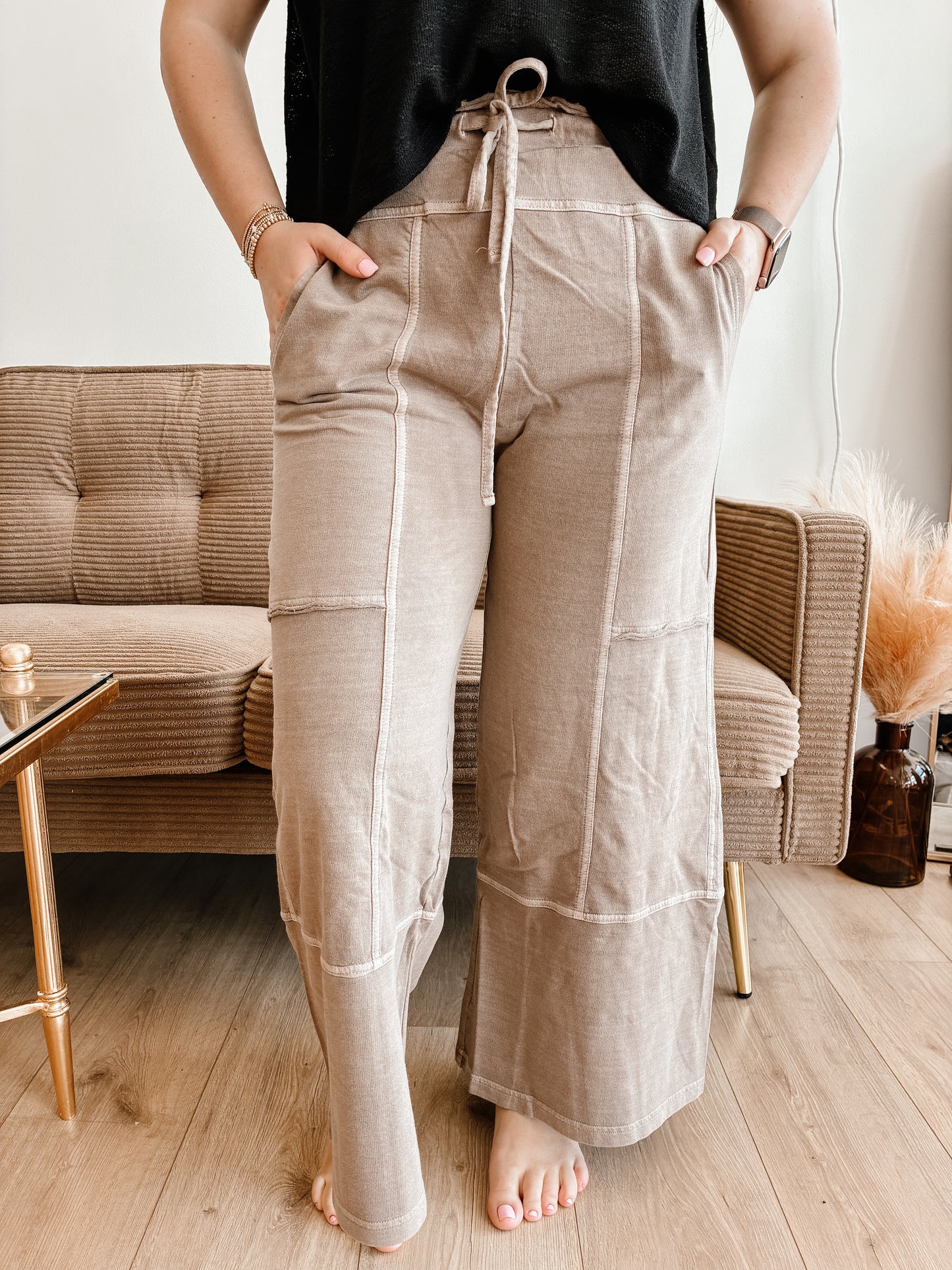 French Terry Washed Exposed-seam Wide Leg Pants