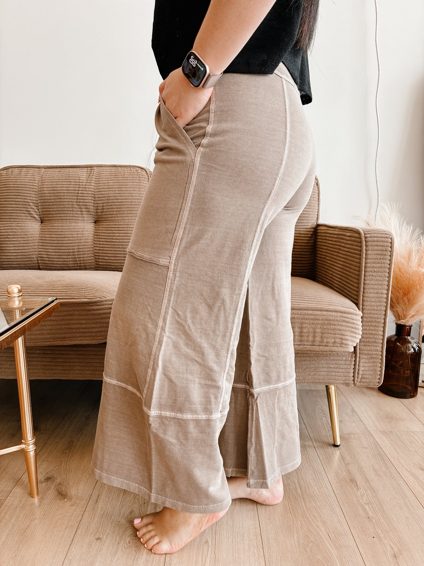 French Terry Washed Exposed-seam Wide Leg Pants