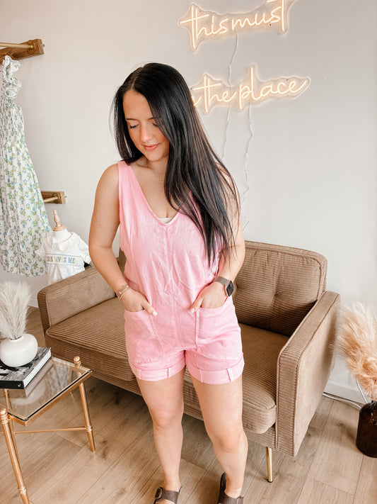 Washed Adjustable Strap Romper Denim With Pocket