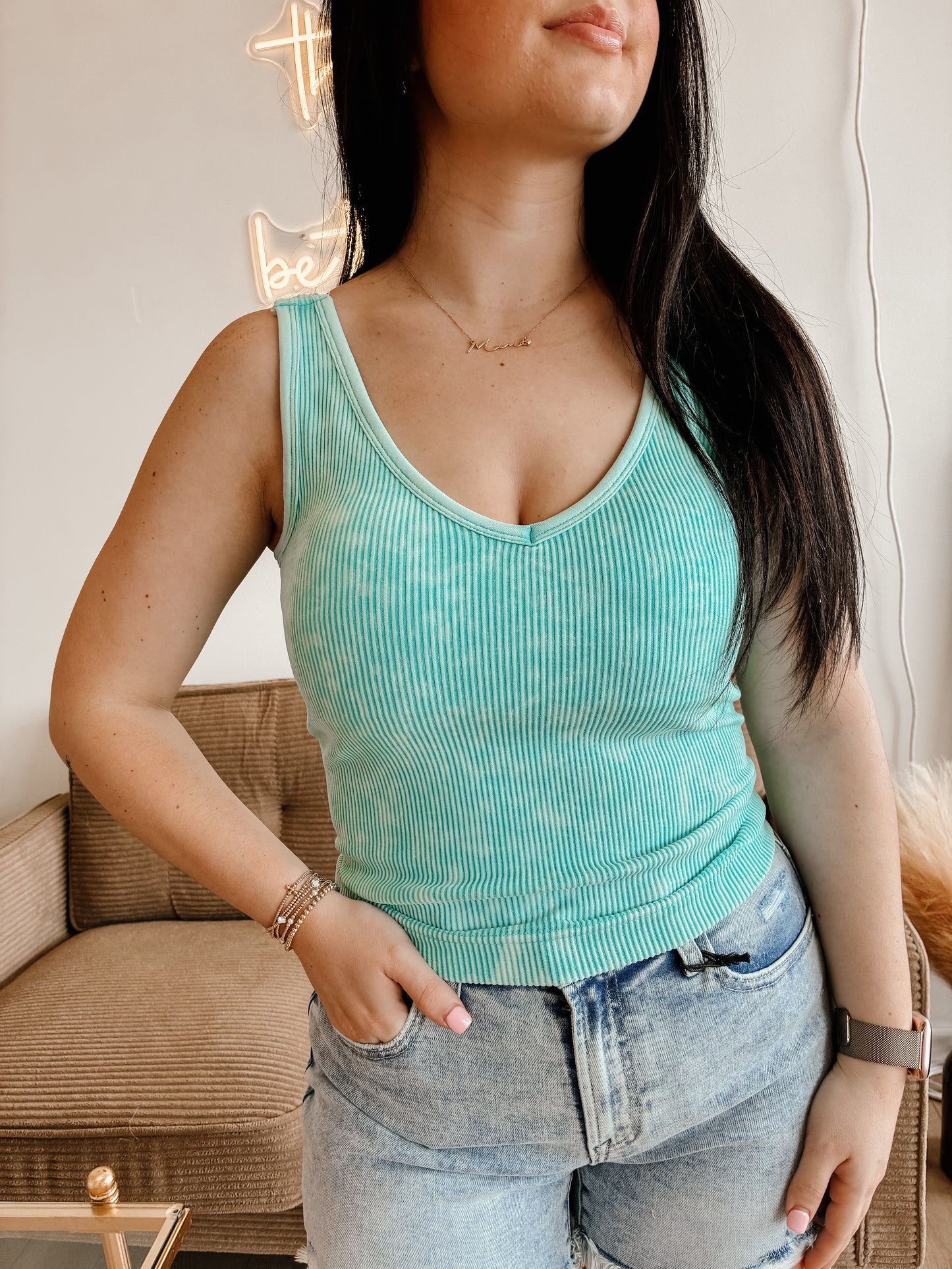 Stone Washed Ribbed Seamless Tank Top W Bra Pad