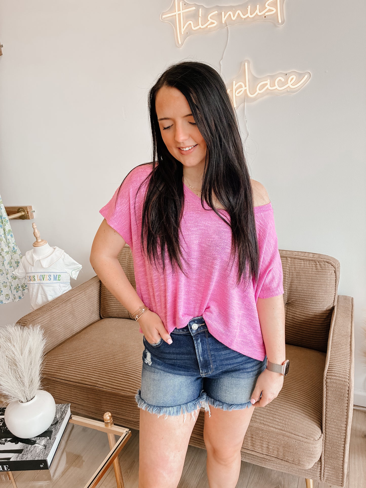Hacci Slub V-neck Drop Shoulder Crop Top