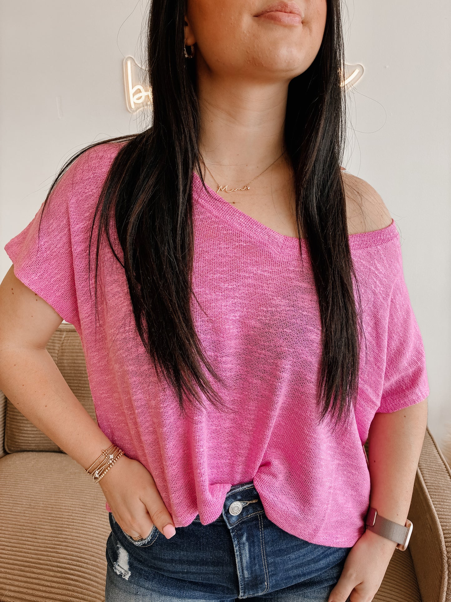 Hacci Slub V-neck Drop Shoulder Crop Top