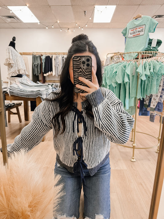 Front Tie Two Tone Knit Cardigan