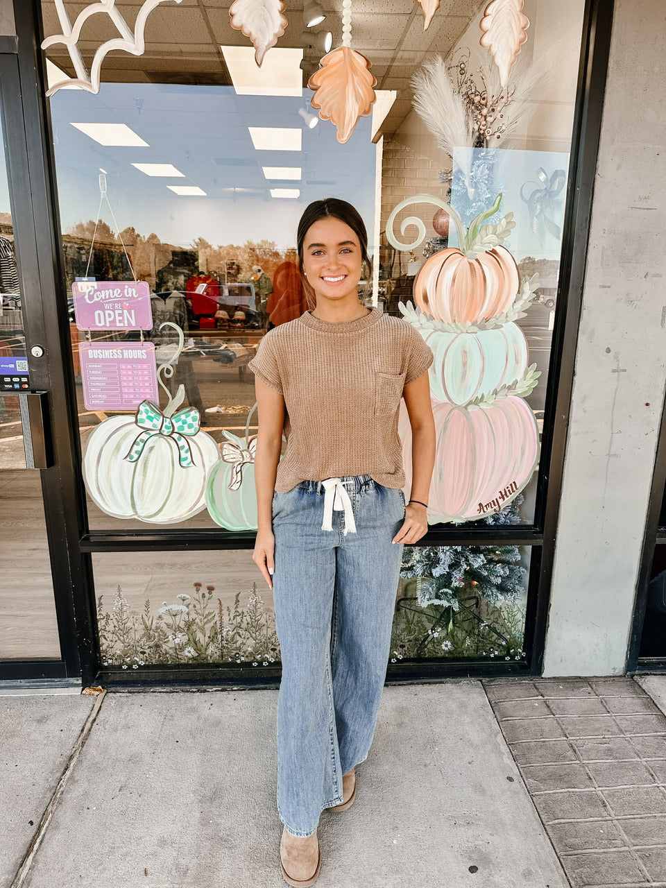 Wide Leg Drawstring Elastic Waistband Denim Pants