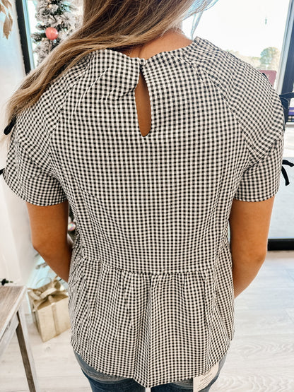Womens Contrast Ribbon Gingham Babydoll Top