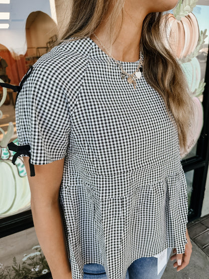 Womens Contrast Ribbon Gingham Babydoll Top