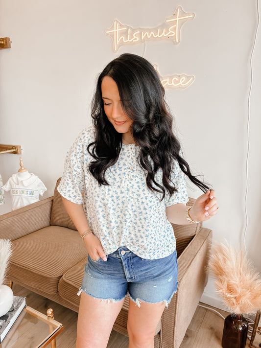 Blue Floral Short Sleeve Henley Knit Top