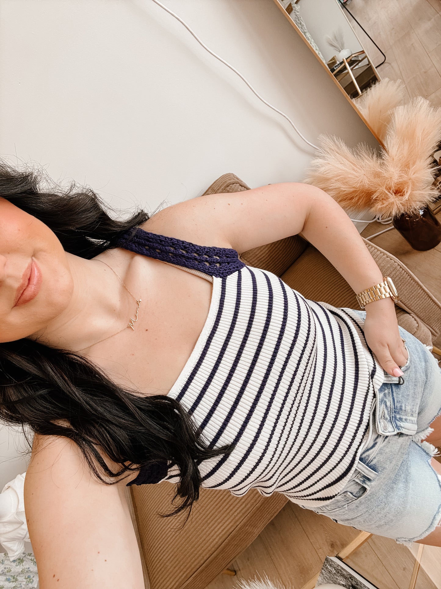 Crochet Sleeve Striped Knit Tank Top ( 2 colors)