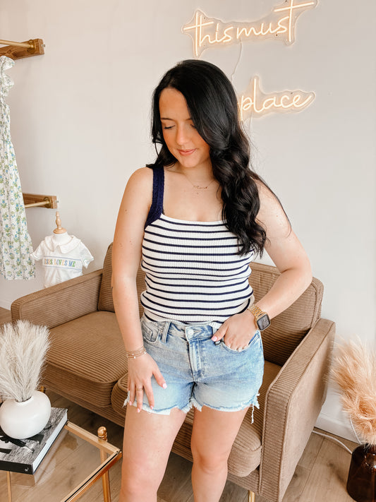 Crochet Sleeve Striped Knit Tank Top ( 2 colors)