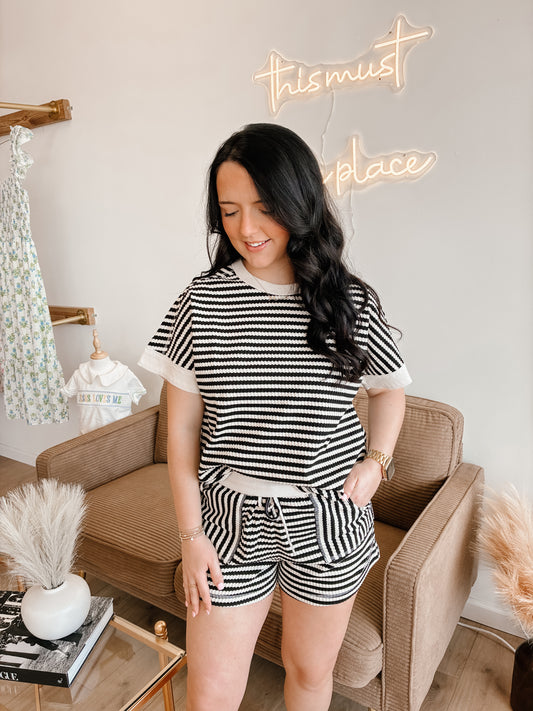 Black/Oatmeal Striped Comfy Knit Top & Shorts Set