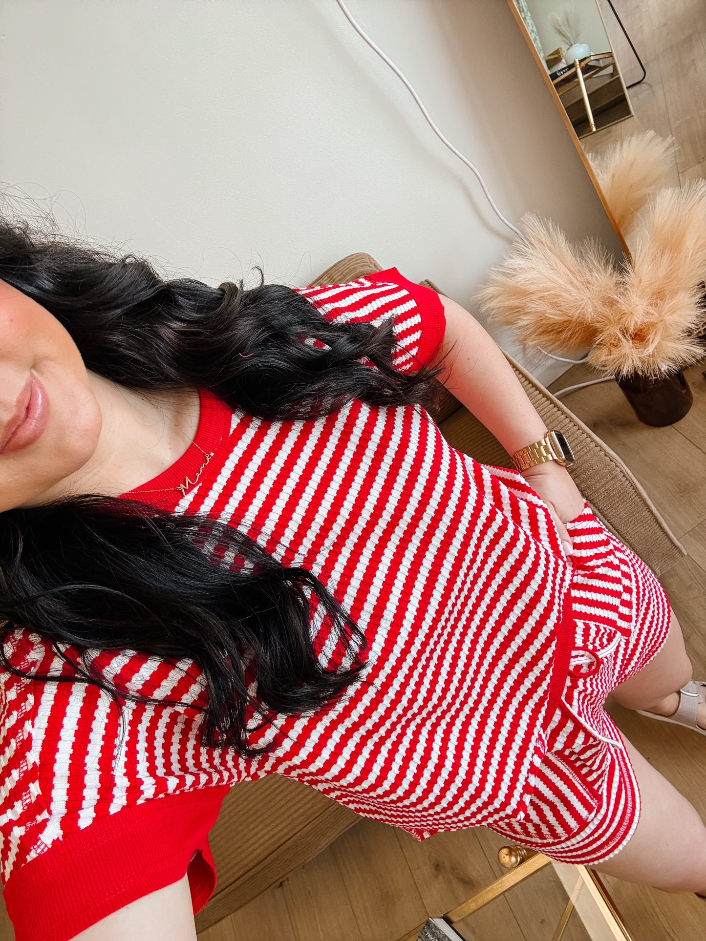 Red/White Striped Comfy Knit Top & Shorts Set