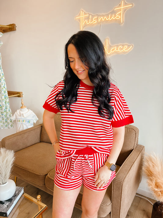 Red/White Striped Comfy Knit Top & Shorts Set