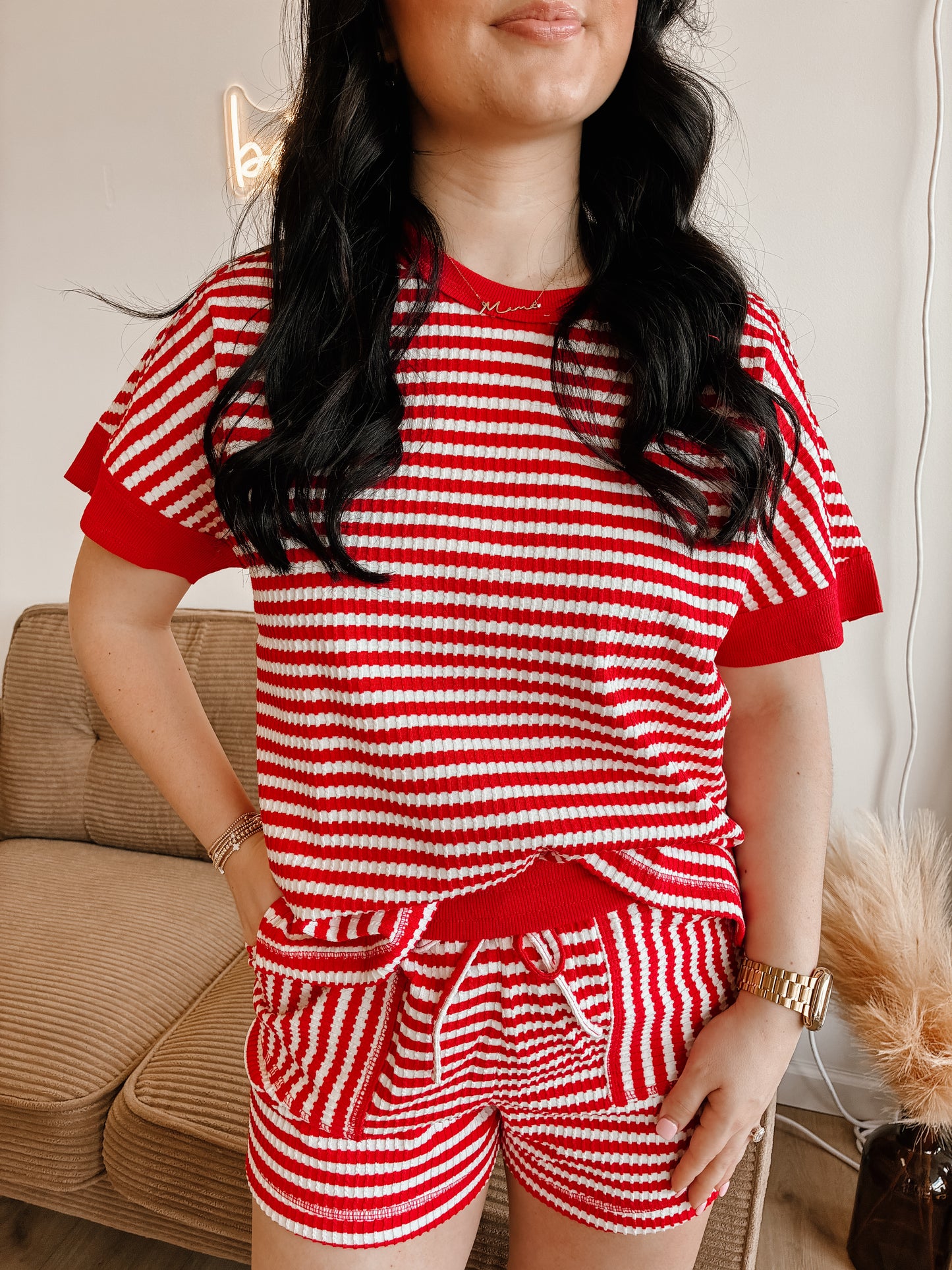 Red/White Striped Comfy Knit Top & Shorts Set