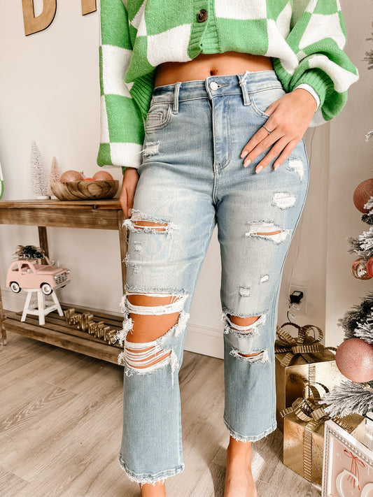 Super High Rise Distressed Crop Straight Jeans