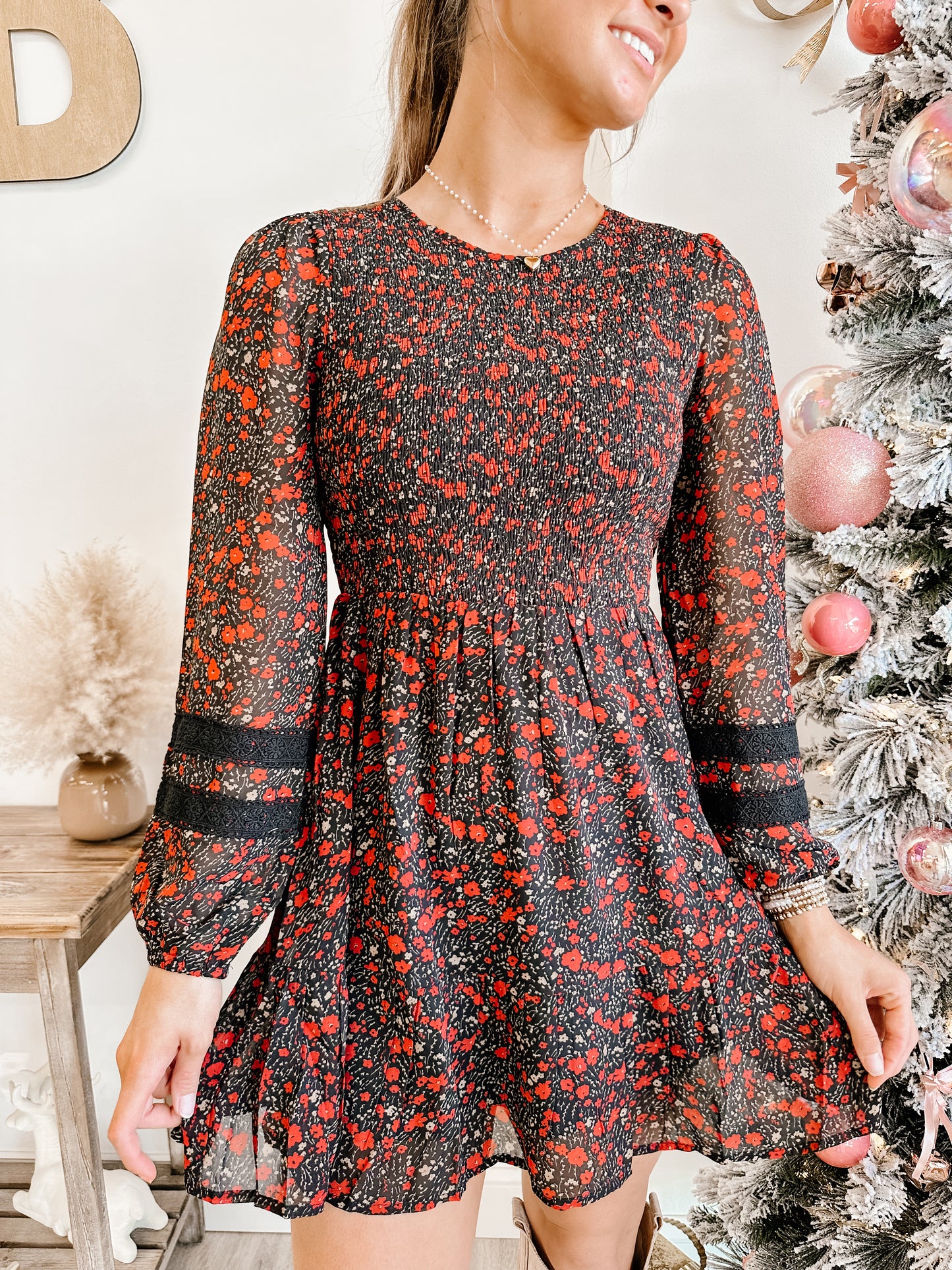 Lace Trim Smocking Printed Mini Dress (2 colors)