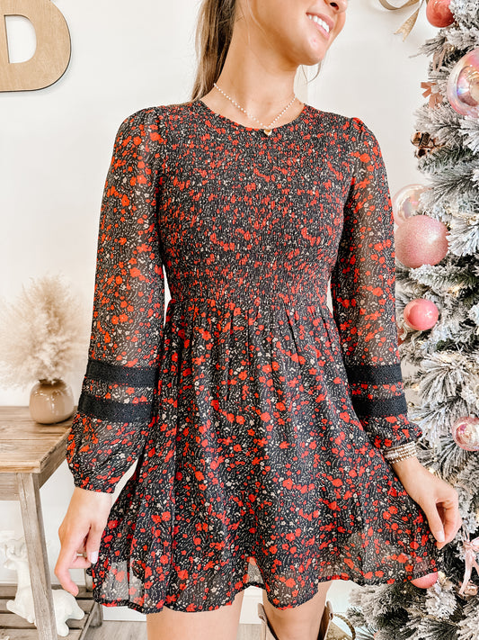 Lace Trim Smocking Printed Mini Dress (2 colors)