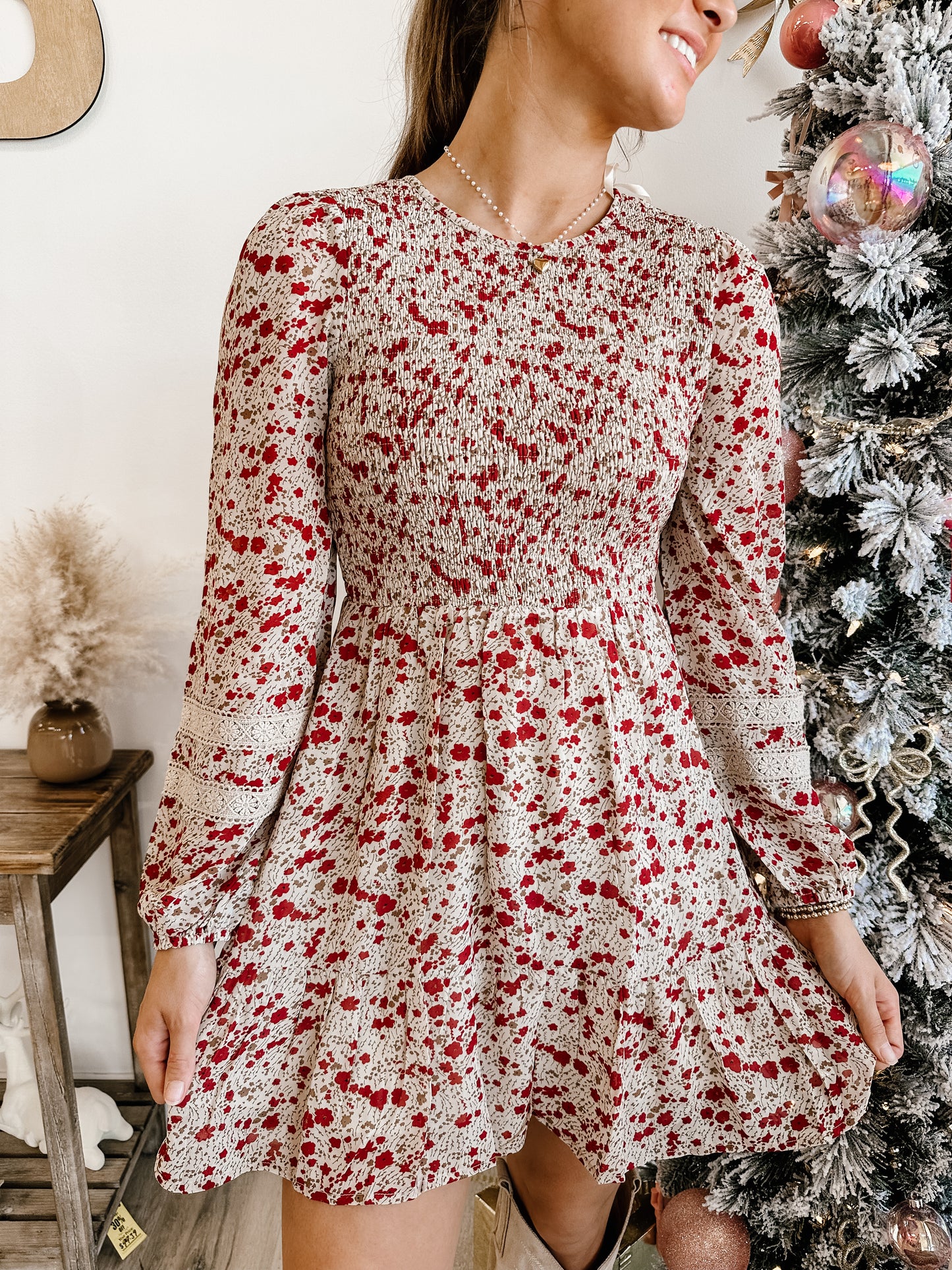 Lace Trim Smocking Printed Mini Dress (2 colors)