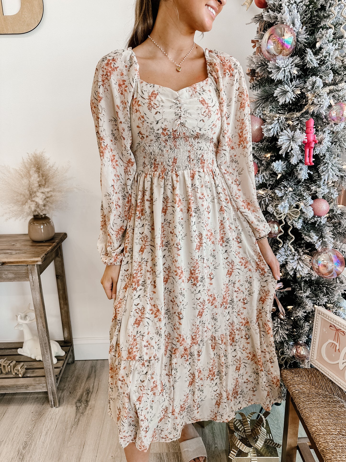 Floral Printed Smocking Torso Midi Dress