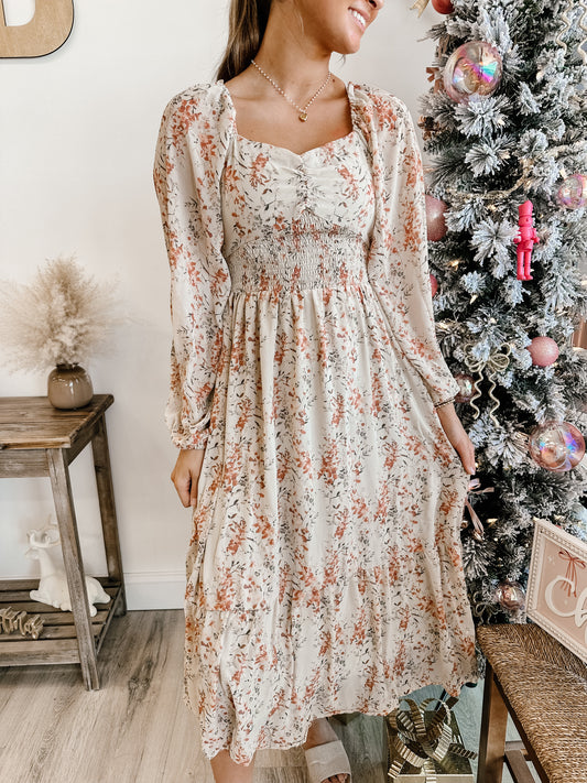 Floral Printed Smocking Torso Midi Dress