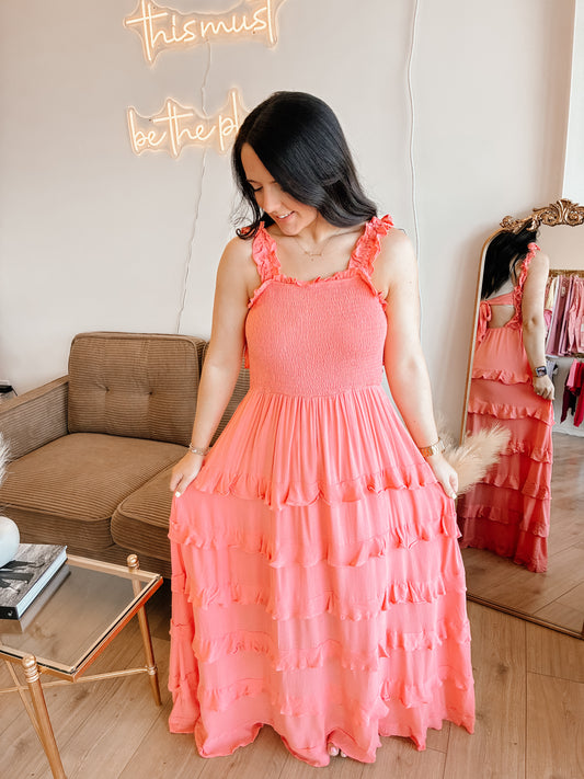 Coral Smocked Ruffle Tier Maxi Dress With Open Back