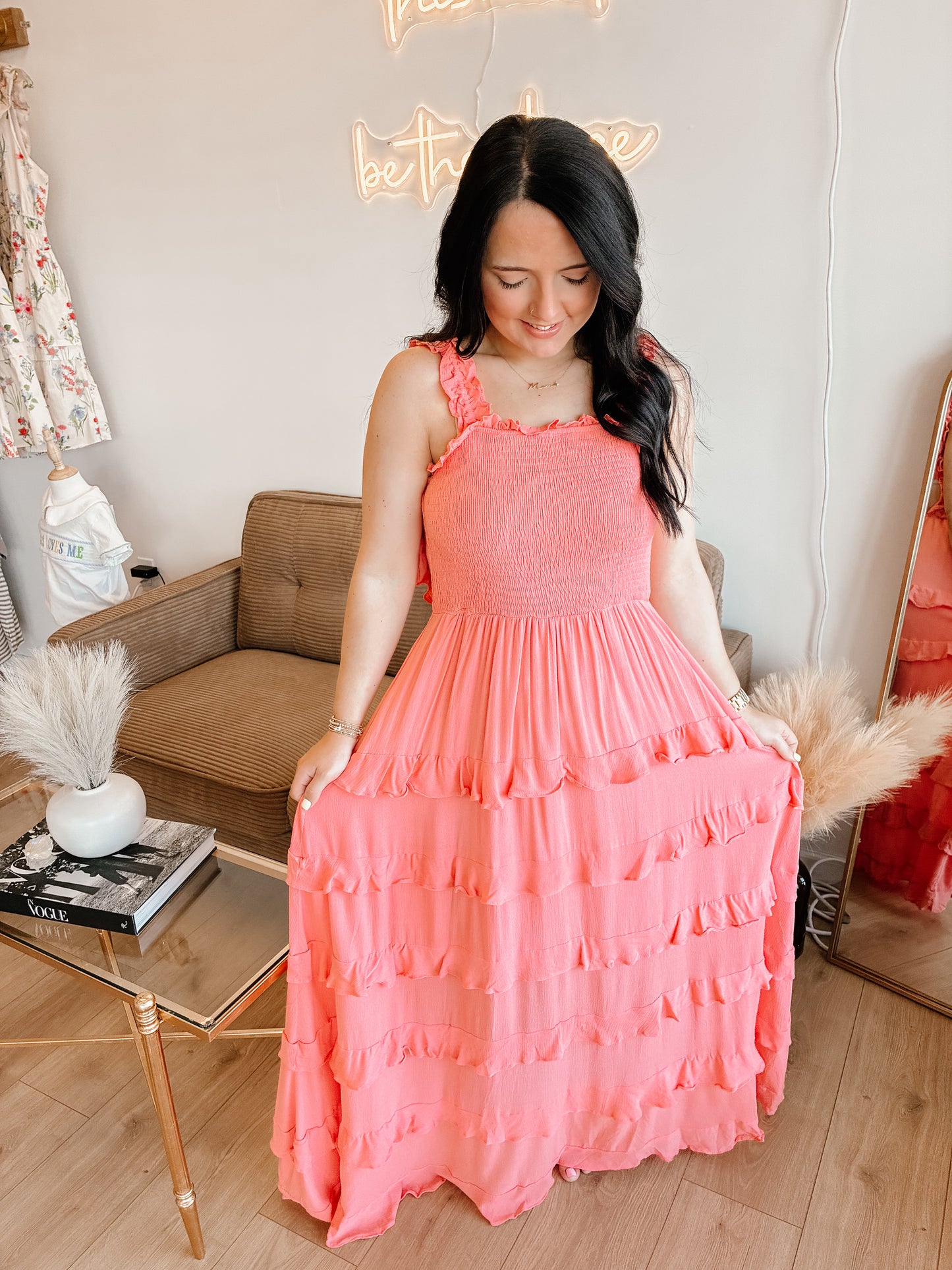 Coral Smocked Ruffle Tier Maxi Dress With Open Back