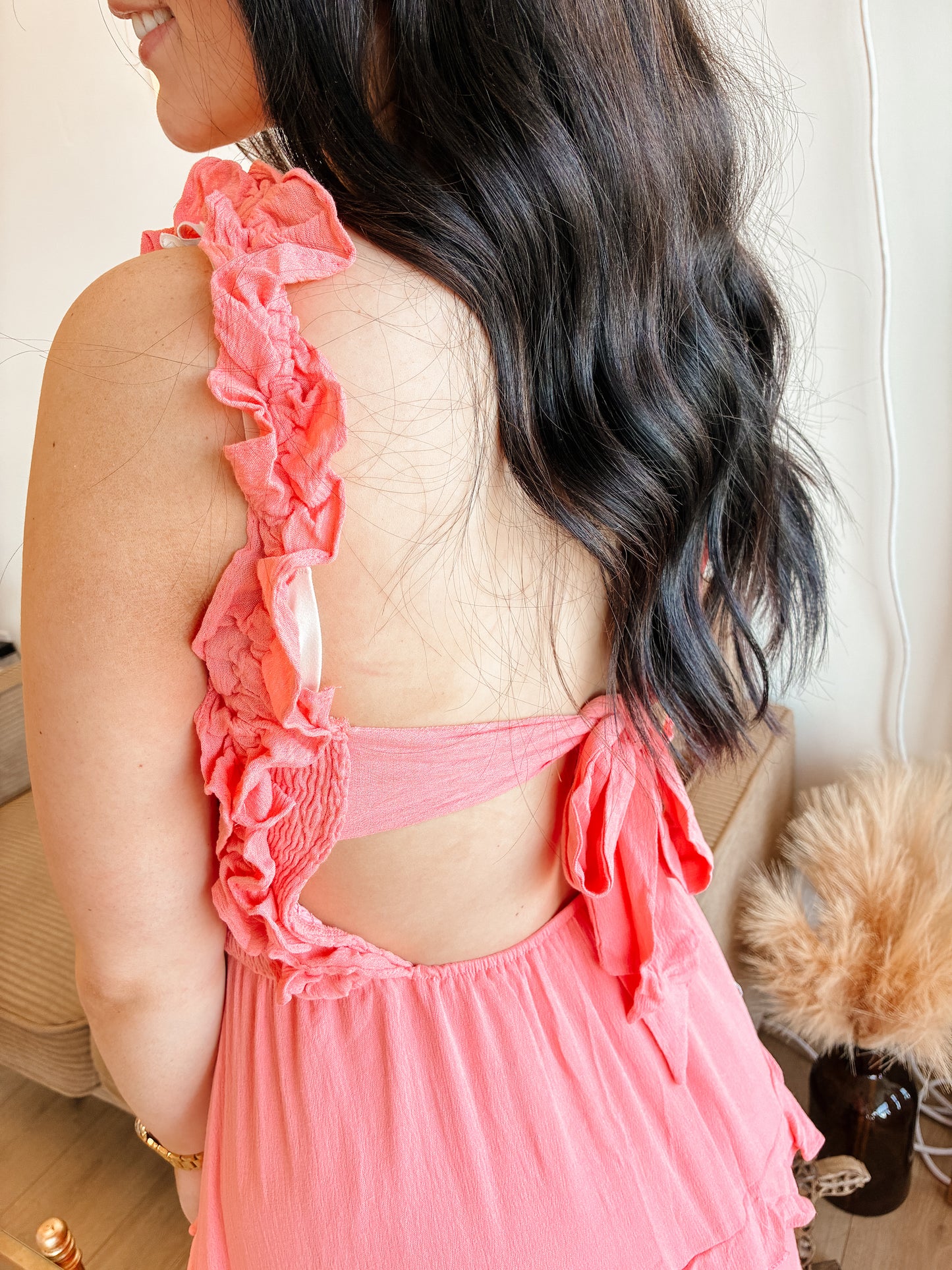 Coral Smocked Ruffle Tier Maxi Dress With Open Back