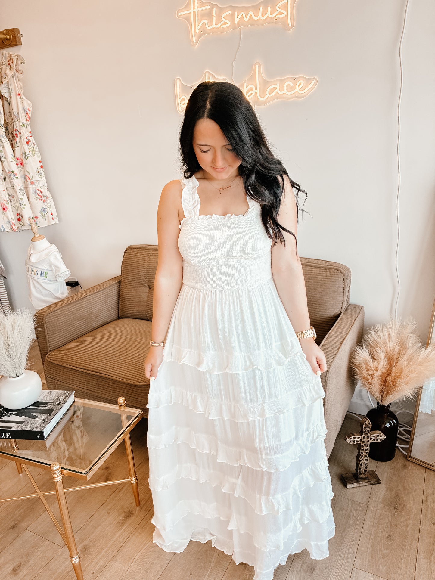 White Smocked Ruffle Tier Maxi Dress With Open Back