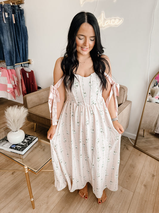 Stripe Floral Tie Strap Corset Midi Dress