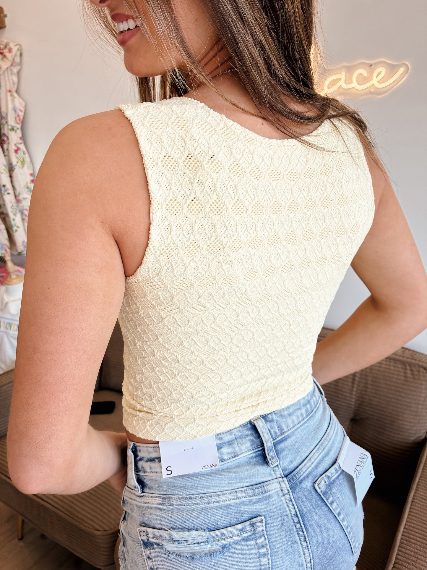 Pale Banana Lace Textured Square Top
