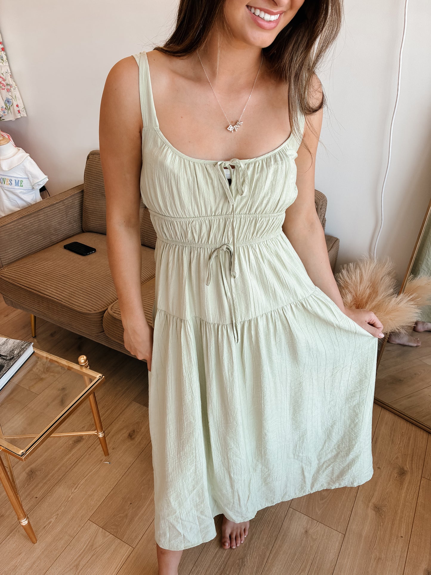 Sage Front Tie Strap Midi Dress