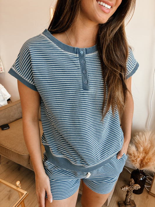 Washed Stripe Short Sleeve Henley Knit Top