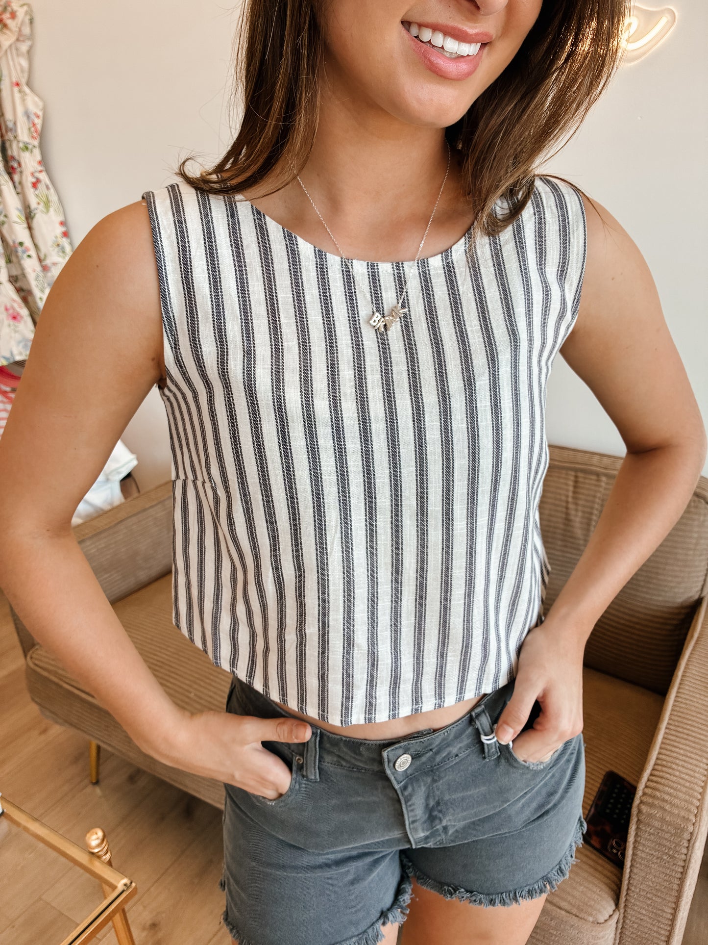Stripe Linen Back Tie Detail Sleeveless Top