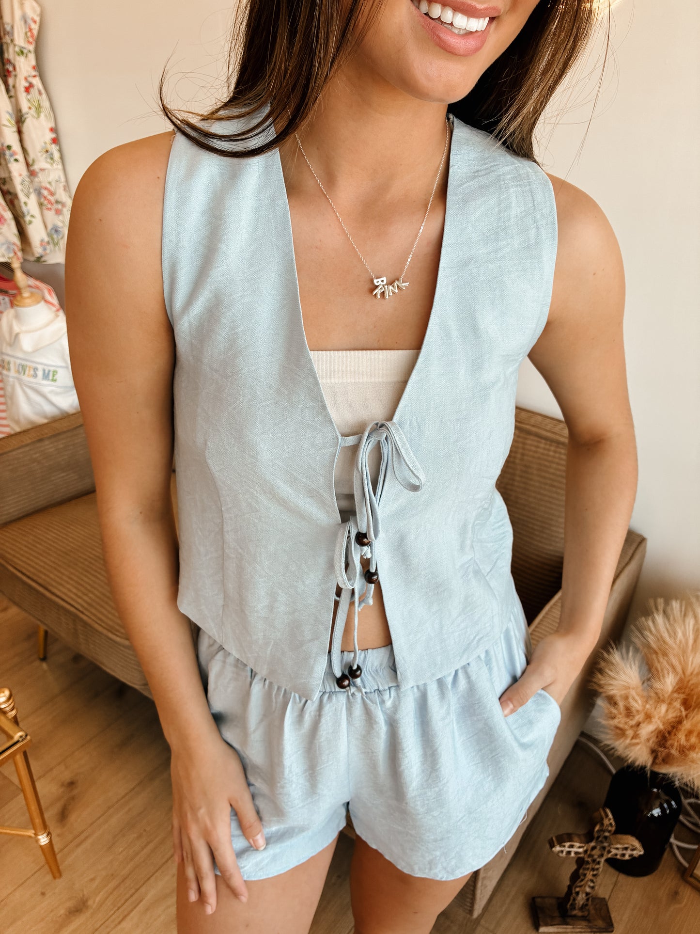 Sleeveless Tie-Front Vest and Elastic Waist Shorts Set