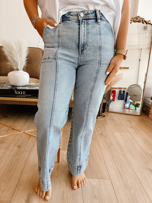 High Rise Crop Wide Front Seam Detailed Jeans - RISEN