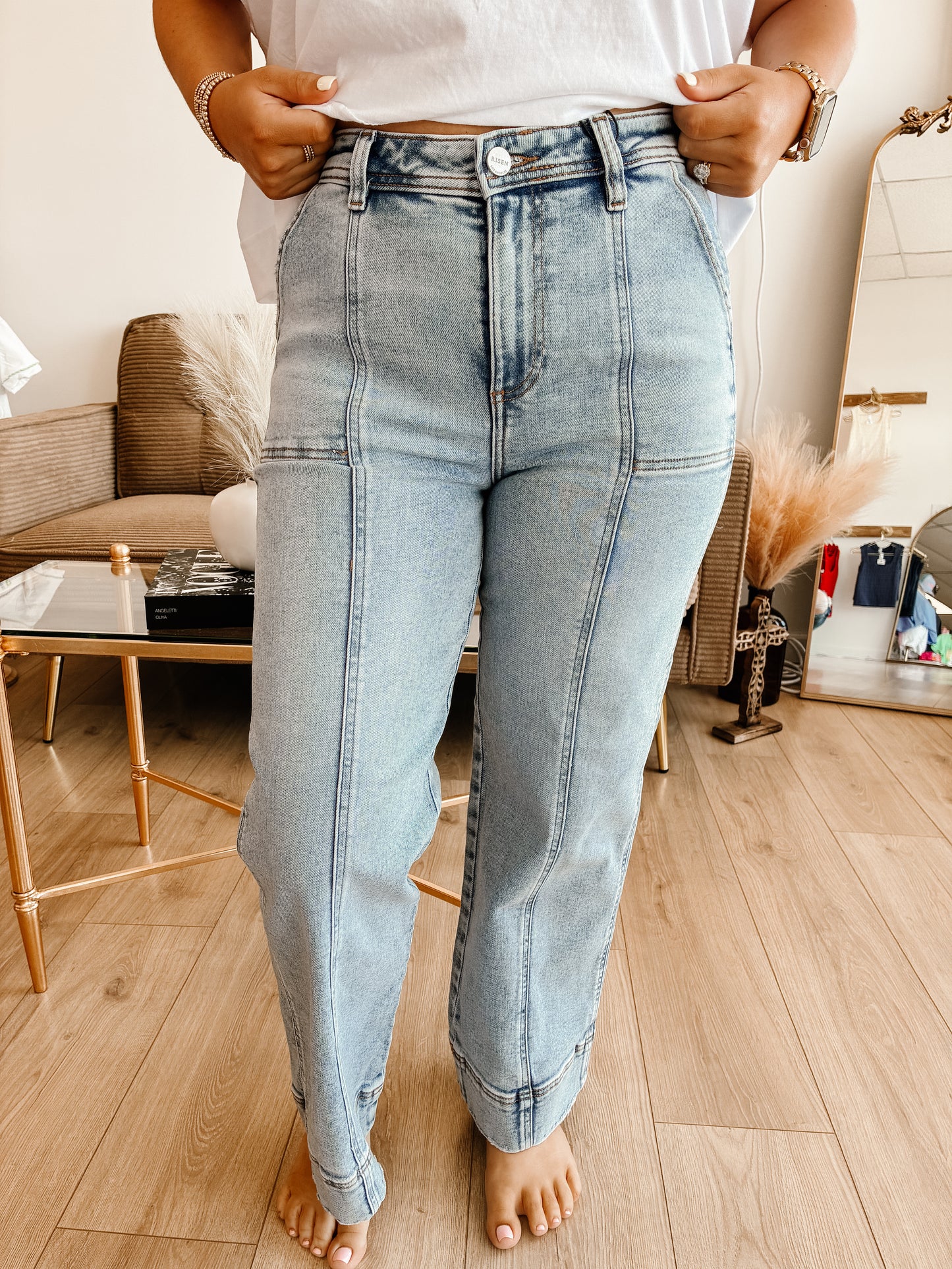 High Rise Crop Wide Front Seam Detailed Jeans - RISEN