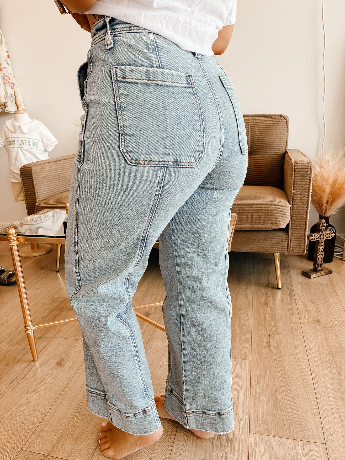 High Rise Crop Wide Front Seam Detailed Jeans - RISEN