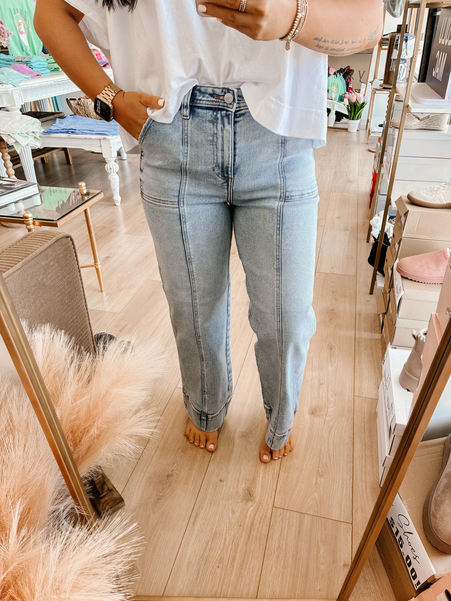 High Rise Crop Wide Front Seam Detailed Jeans - RISEN
