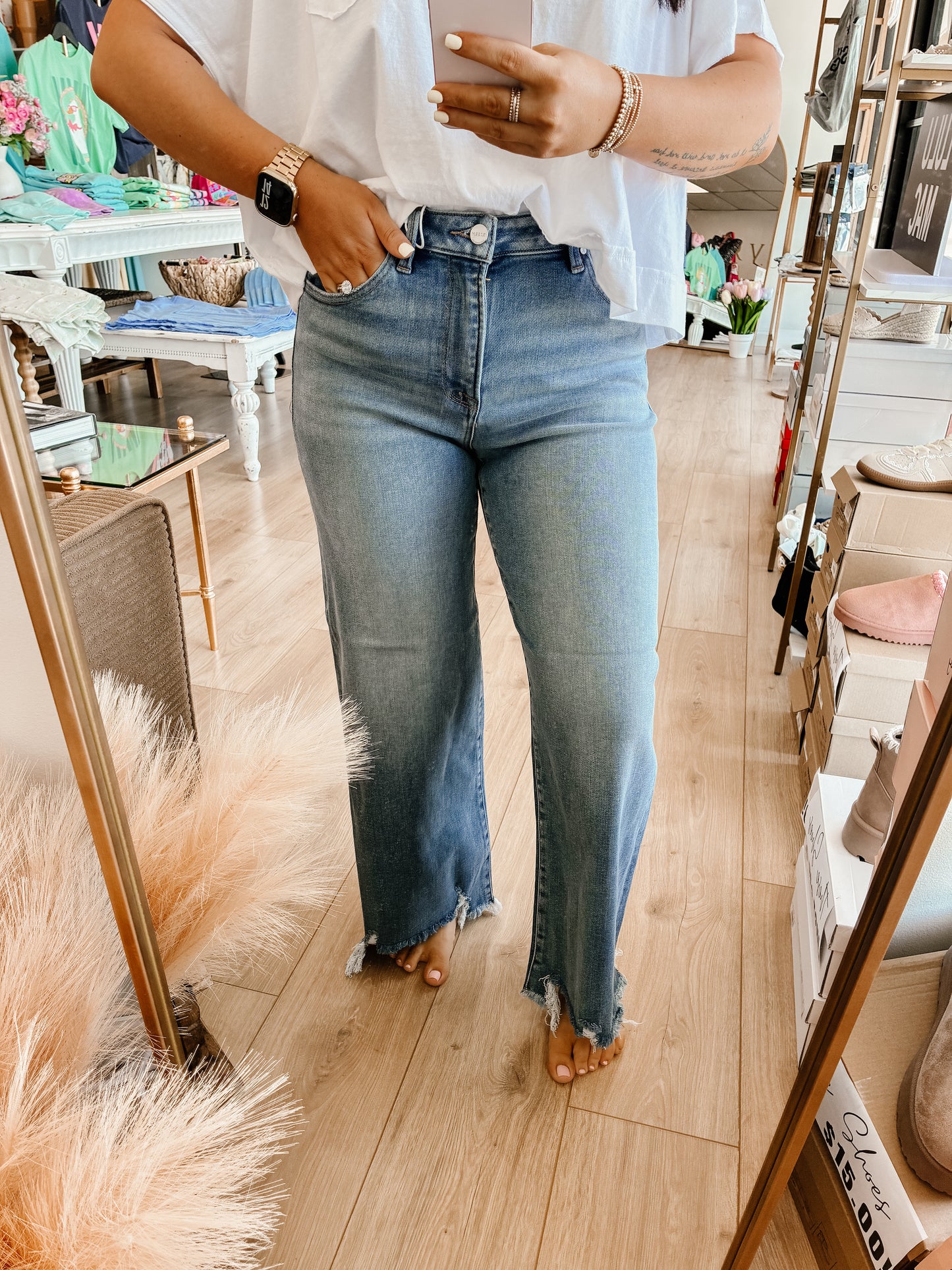 High Rise Crop Wide Step Hem Jeans - RISEN