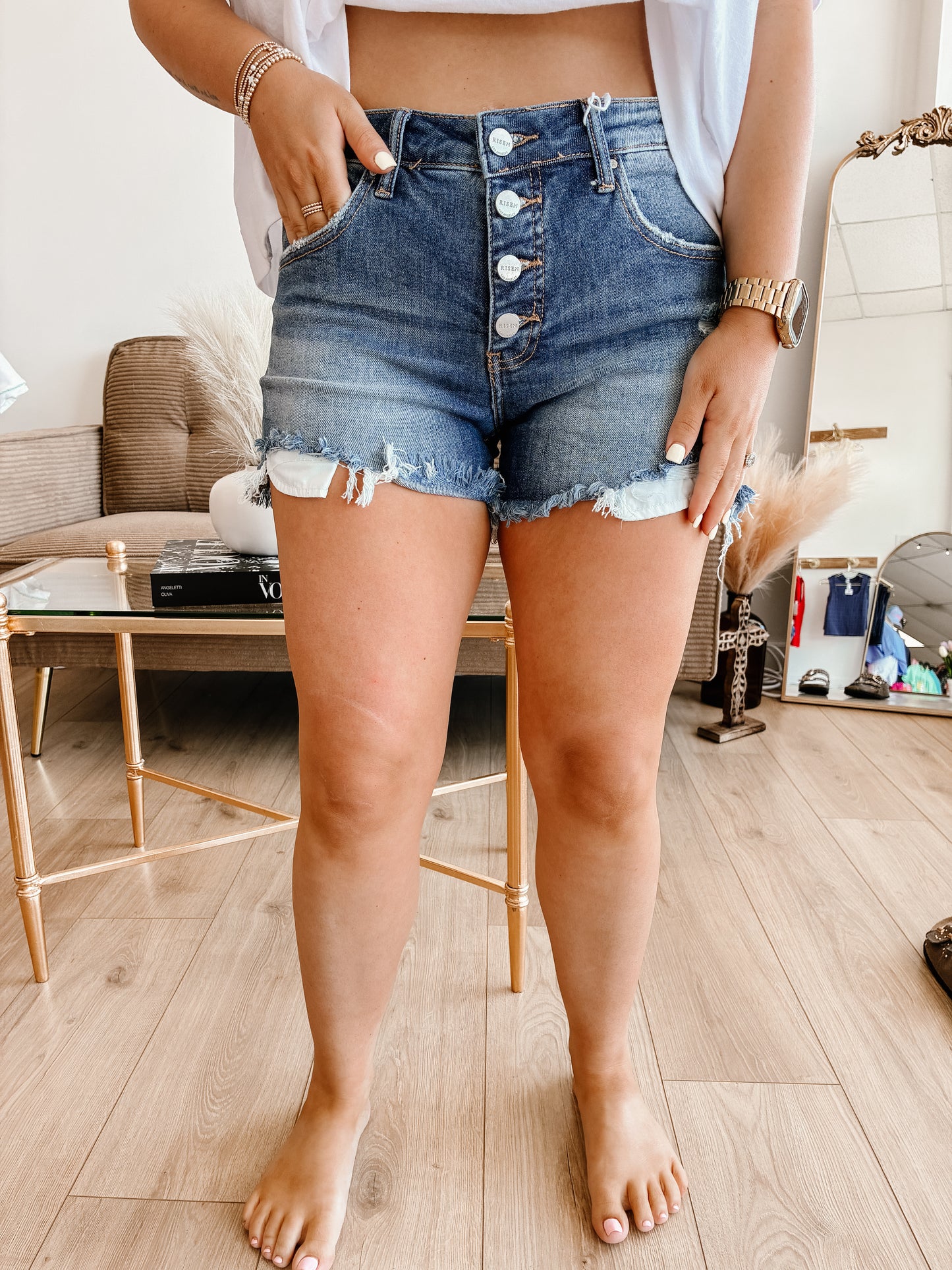 Mid Rise Button Down Shorts - RISEN