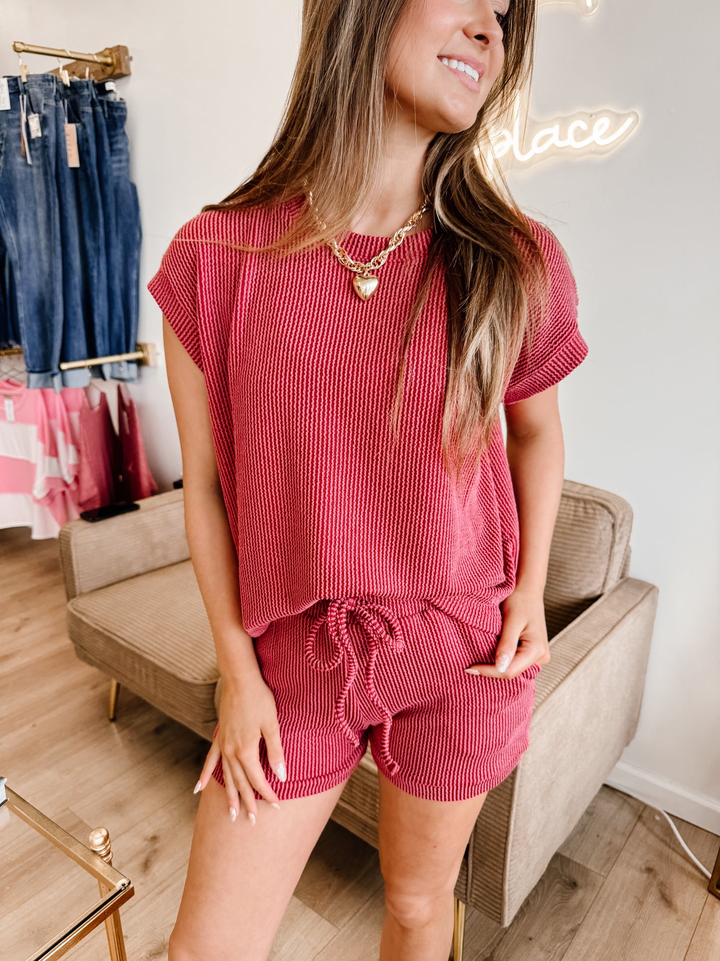 NEW Raised Rib Cap Sleeve Top & Shorts Set