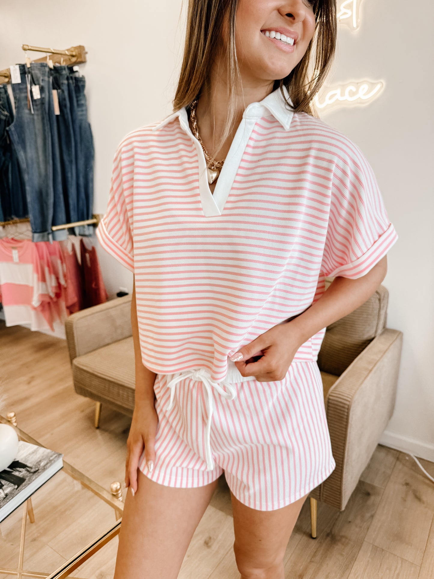 Striped Collared Top & Shorts Set