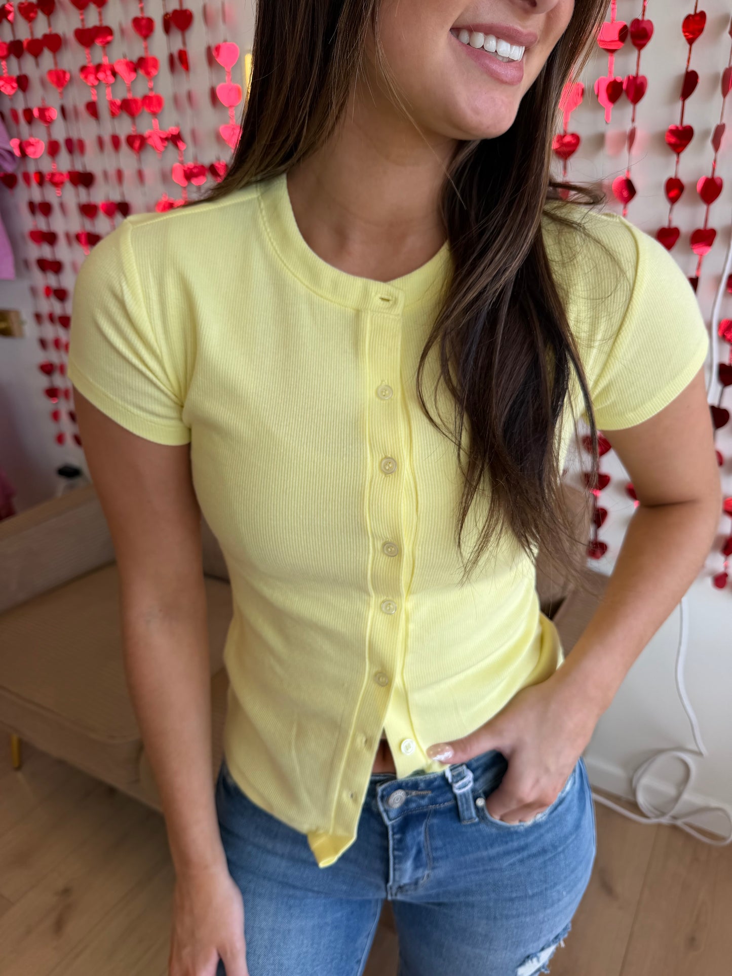 Ribbed Button-Front Crew Neck Top